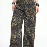 ROMWE Grunge Punk Jeans casuales Y2K de longitud completa con estampado de leopardo y pierna ancha para mujeres