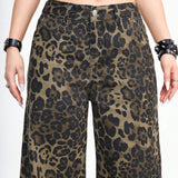 ROMWE Grunge Punk Jeans casuales Y2K de longitud completa con estampado de leopardo y pierna ancha para mujeres