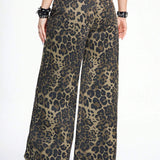 ROMWE Grunge Punk Jeans casuales Y2K de longitud completa con estampado de leopardo y pierna ancha para mujeres