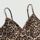 ROMWE Goth Conjunto de top de tirantes de leopardo para mujer con lazada de color contrastante y pantalones cortos a juego