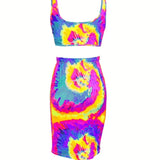 Slayr Conjunto de 2 piezas para mujer con top de verano con tirantes anchos y falda sirena ajustada con diseno de bloque de color y tie-dye