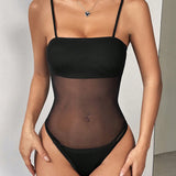 EZwear Body de moda sexy de mujeres con tirantes de espagueti y malla transparente que muestra a traves de ella