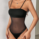 EZwear Body de moda sexy de mujeres con tirantes de espagueti y malla transparente que muestra a traves de ella