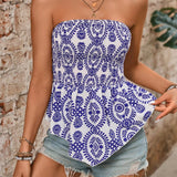 VCAY Blusa de vacaciones y ocio con estampado completo y pecho fruncido con dobladillo con volantes