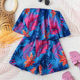WYWH Women Vacation Palm Leaves Tropical Print Ruffle Trim Tube Romper For Summer