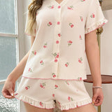 CottageSlumber Conjunto de pijama para mujer con estampado floral, top de manga corta y shorts