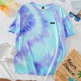 Camiseta larga y holgada estilo Tie Dye para mujeres de a grande con dee decorativo de parche y hombros caidos, cuello redondo, ideal para el verano