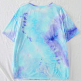 Camiseta larga y holgada estilo Tie Dye para mujeres de a grande con dee decorativo de parche y hombros caidos, cuello redondo, ideal para el verano