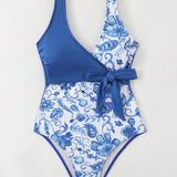 Swim Lushore Traje de bano de una pieza de solapamiento floral de playa de verano para mujer con escote en V y cinturon en la cintura, sexy
