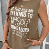 Camiseta de tirantes casual de verano para mujer de a grande con impresion de eslogan, cuello redondo