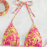 NEW  Slayr Conjunto de bikini de halter para mujer con estampado de rayas onduladas con cubierta a juego y falda, conjunto de verano para playa de 4 piezas