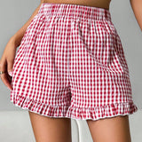Essnce Shorts casuales de mujer con cintura elastica y estampado de cuadros y flores para el verano