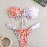 VCAY Juego de bikini sexy de verano para mujer con estampado floral pequeno en diseno de banda con corbata, impresion aleatoria