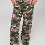 EZwear Pantalones casuales de cintura plegable para mujer con estampado de camuflaje y bolsillos