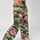 EZwear Pantalones casuales de cintura plegable para mujer con estampado de camuflaje y bolsillos