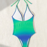 Swim Vcay Traje de bano de una pieza sin espalda degradado para mujer con cinta para el cuello, ideal para vacaciones en la playa (impresion al azar)