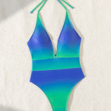 Swim Vcay Traje de bano de una pieza sin espalda degradado para mujer con cinta para el cuello, ideal para vacaciones en la playa (impresion al azar)