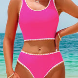 VCAY Conjunto de traje de bano informal Tankini con ribete de bloque de color en la playa de verano con camiseta de tirantes cuello redondo y braga triangular