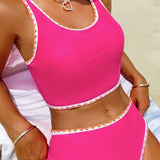 VCAY Conjunto de traje de bano informal Tankini con ribete de bloque de color en la playa de verano con camiseta de tirantes cuello redondo y braga triangular