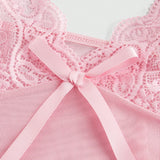 ROMWE Kawaii Conjunto de vestido ajustado rosa con encaje y malla, sexy y romantico
