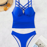 VCAY Conjunto de tankini de tirantes con volantes de unicolor para playa de verano con Bottom en triangulo