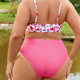 VCAY Conjunto de bikini para vacaciones de talla grande con sujetador de estampado floral y pantalones cortos de bano con estampado de lunares