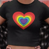 Camiseta corta de verano para mujer con mangas recortadas, forma de corazon arcoiris y corte ajustado