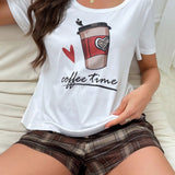 Conjunto de pijama para mujer con taza de cafe y estampado de cuadros