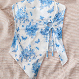 WYWH Top sin tirantes con cordon de hendidura impreso de malla con flores azules sobre fondo blanco para mujeres en vacaciones (WYWH)