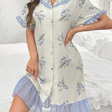 Vestido de dormir con dobladillo con volantes empalmado de bloques de color con estampado floral