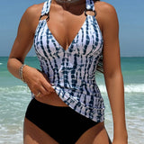 VCAY Conjunto de Tankini de playa para mujeres con estampado tie-dye y top halter y braguitas triangulares de unicolor