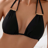 Swim Bikini negro para mujer con cuello halter, cierre de lazo y decoracion de metal