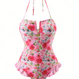 Swim Mod Traje de bano de mujer con estampado floral, cuello con muesca y ribete con volantes, estilo de una pieza