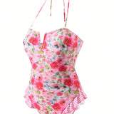 Swim Mod Traje de bano de mujer con estampado floral, cuello con muesca y ribete con volantes, estilo de una pieza