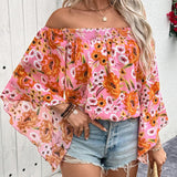 Blusa elegante y de moda para mujer con estampado floral, corte holgado, hombros descubiertos y mangas acampanadas para las vacaciones