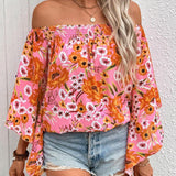 Blusa elegante y de moda para mujer con estampado floral, corte holgado, hombros descubiertos y mangas acampanadas para las vacaciones