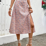 Frenchy Falda larga de corte alto-bajo con abertura lateral, estampado floral para mujeres, ideal para vacaciones