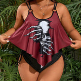 Swim Curve Conjunto tankini de talla grande con estampado de calavera, top de tirantes con dobladillo asimetrico y braguitas triangulares solidas