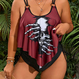 Swim Curve Conjunto tankini de talla grande con estampado de calavera, top de tirantes con dobladillo asimetrico y braguitas triangulares solidas