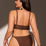 Swim Curve Conjunto de bikini de bano solido de color liso para mujer de talla grande, simple y ideal para llevar diariamente, para la playa en el verano