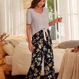 Serenescape Conjunto de pijama corto/largo con estampado floral y bloque de colores y lazo