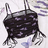 CamiConjuntoa transparente de verano con estampado de mariposas y cordon lateral para ropa de dormir