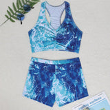 NEW  Swim SPRTY Conjunto casual de bikini con pantalones cortos tipo boxeador de verano para mujer con estampado tie-dye (patron aleatorio) para la playa