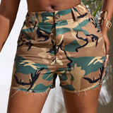 Slayr Pantalones cortos casuales de verano para mujer con patron de camuflaje, bolsillo y boton