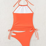 Swim Conjunto de traje de bano tipo tankini informal para mujer con parte superior tipo halter con estampado de letras y palmeras y bikini inferior, para vacaciones de verano y playa