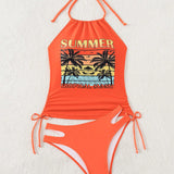 Swim Conjunto de traje de bano tipo tankini informal para mujer con parte superior tipo halter con estampado de letras y palmeras y bikini inferior, para vacaciones de verano y playa