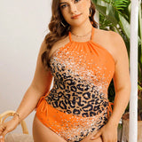 Swim Lushore Traje de bano de talla grande con diseno de leopardo contrastante con cuello halter, set de bikini, para playa verano