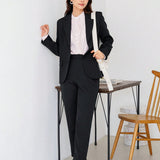 FRIFUL Conjunto de traje de chaqueta y pantalon largo para mujer de unicolor de manga larga
