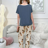 Conjunto de pijama de manga corta con oso impreso y pantalones cortos con estampado de plantas, de verano