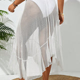 VCAY Conjunto de blusa transparente y falda de talla grande con dobladillo de volantes de unicolor